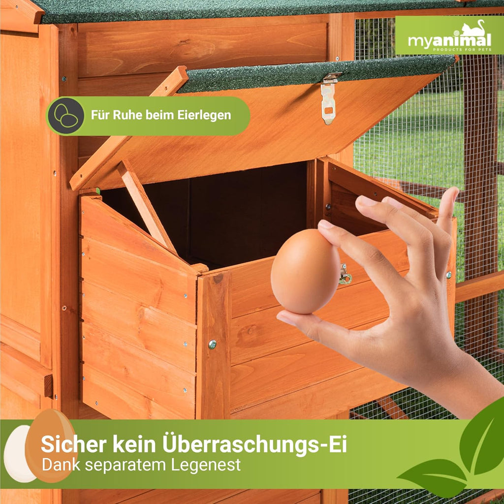 Miweba MyAnimal Hühnerstall MH-15 XXL | 186x146x147 cm - Für 7 Hühner - Nistkasten mit Freilaufgehege - Sitzstange - Winterfest - 2 Ebenen - Hühnerhaus mit Eiablage - Kiefernholz - Voliere (Braun)