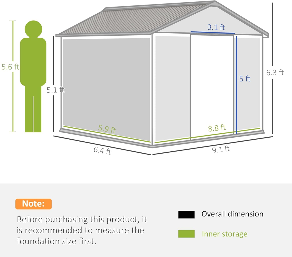 Outsunny 9 x 6ft Garden Metal Storage Shed, Outdoor Storage Tool House with Ventilation Slots, Floor Foundation and Lockable Double Doors, Light Green