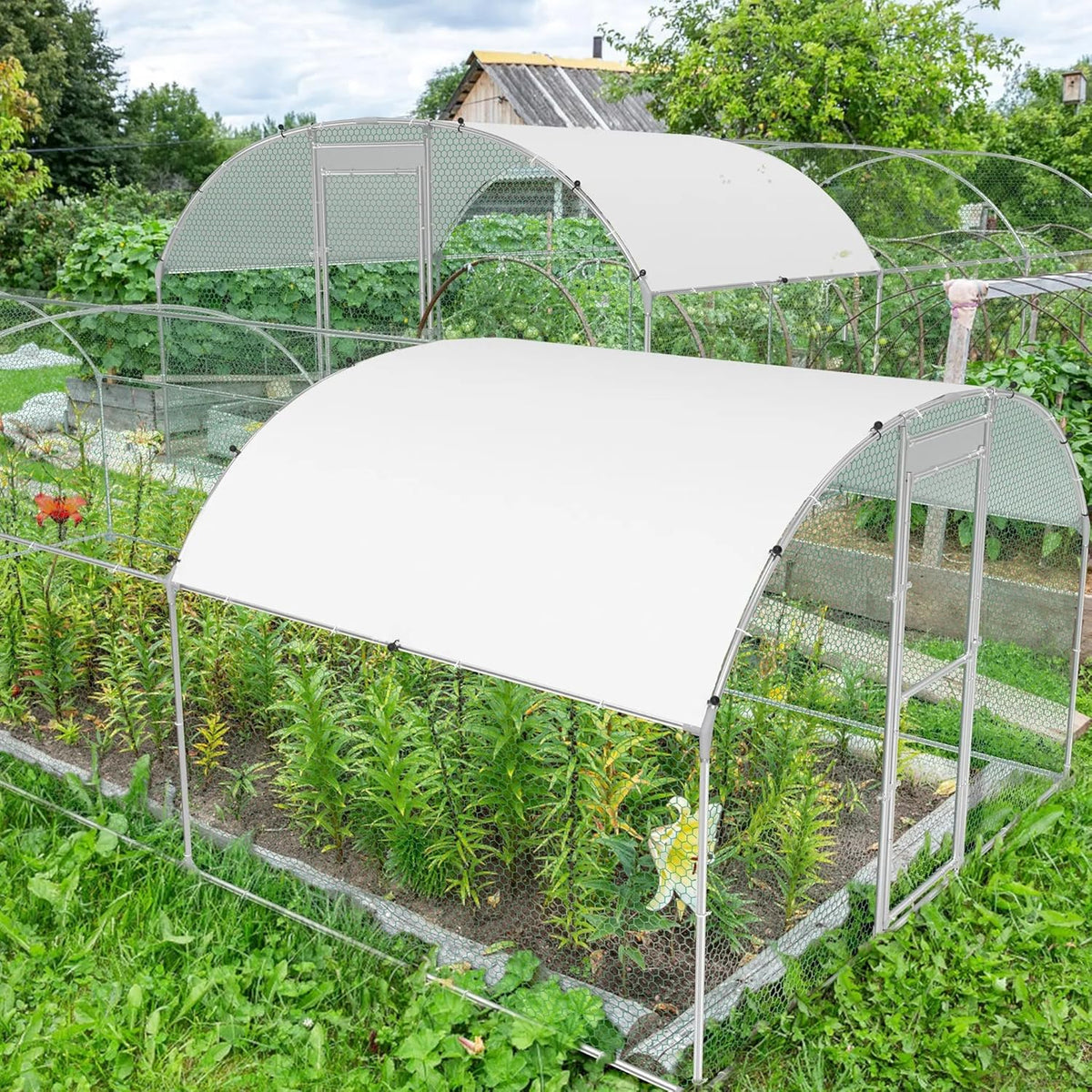 Hühnerstall Metall Freilaufgehege Freigehege, Geflügelstall Kleintiere, Verzinkter Stahlrahmen mit PE Dach, Bogenaufsatz (3x6m)