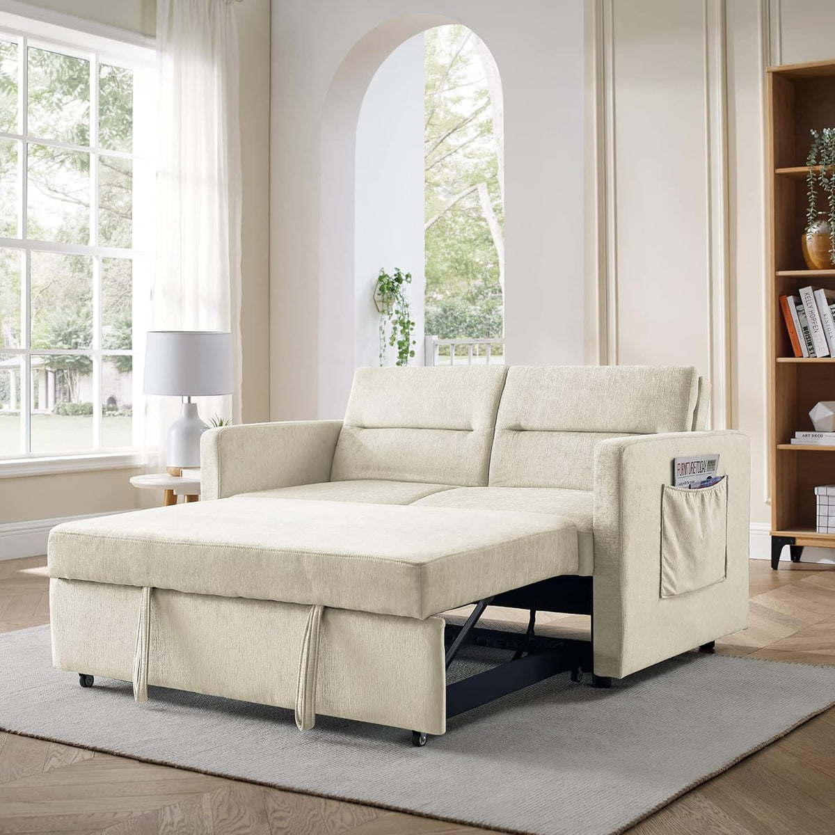Merax 54.5'' Modern Convertible Sleeper Sofa Bed with Two Side Pockets, Velvet Sofa w/Pull-Out Bed Loveseat Sofa Couch and Adjsutable Back for Living Room (Beige)
