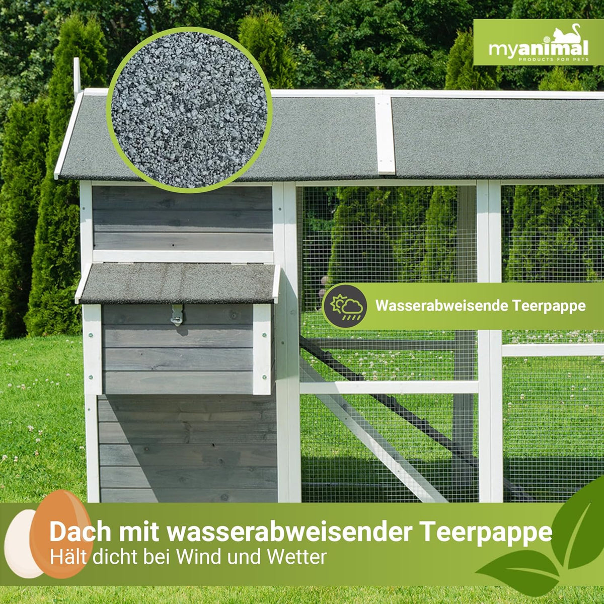 Miweba MyAnimal Hühnerstall MH-15 XXL | 186x146x147 cm - Für 7 Hühner - Nistkasten mit Freilaufgehege - Sitzstange - Winterfest - 2 Ebenen - Hühnerhaus mit Eiablage - Kiefernholz - Voliere (Grau/Weiß)