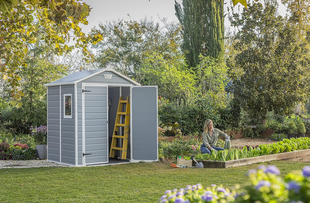 Keter Manor Outdoor Plastic Garden Storage Shed, Grey, 6 x 8 ft