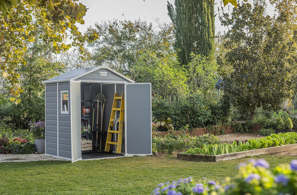 Keter Manor Outdoor Plastic Garden Storage Shed, Grey, 6 x 8 ft