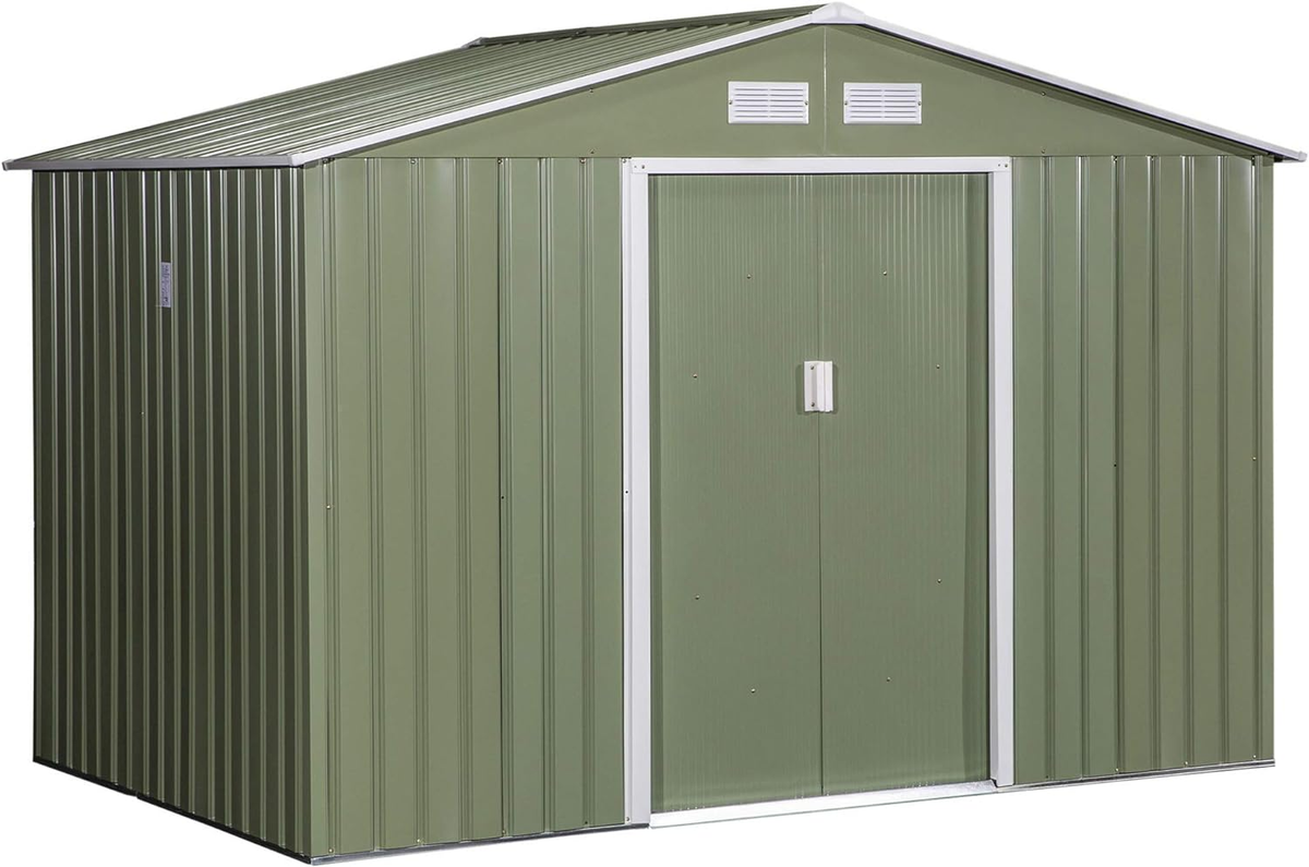 Outsunny 9 x 6ft Garden Metal Storage Shed, Outdoor Storage Tool House with Ventilation Slots, Floor Foundation and Lockable Double Doors, Light Green
