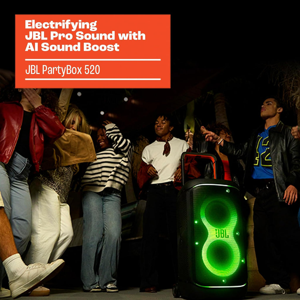 JBL PartyBox 520 - Portable Battery-Powered Party Speaker with AI Sound Boost, Up to 15 Hours of Play time, IPX4 Splash Proof, Multi-Speaker Connection by Auracast, and Telescopic Handle (Black)