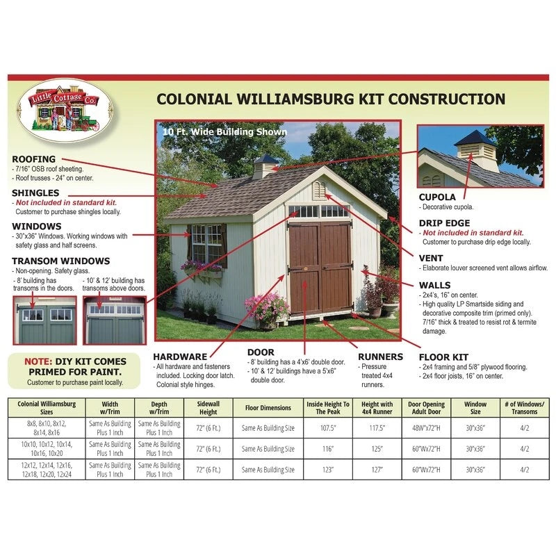 Colonial Williamsburg 10' wide x 16' deep solid and faux wood storage shed
