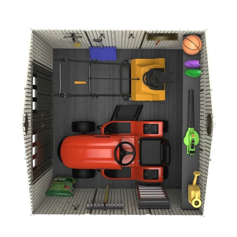 8' wide x 7' 4" deep plastic storage shed