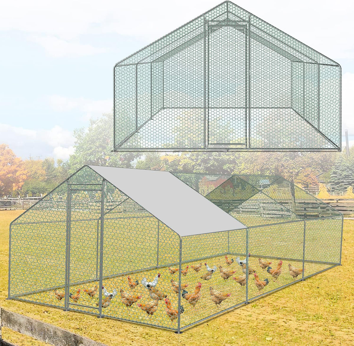 Sonnewelt Freilaufgehege 3x6x2m Hühnerstall Verzinkter Stahl Kleintierstall Hühnerhaus Dach Geflügelstall mit Sonnenschutzdach und Tür für Haustierkäfig Hühnerkäfig Vogelkäfig Kleintiere Pflanzen
