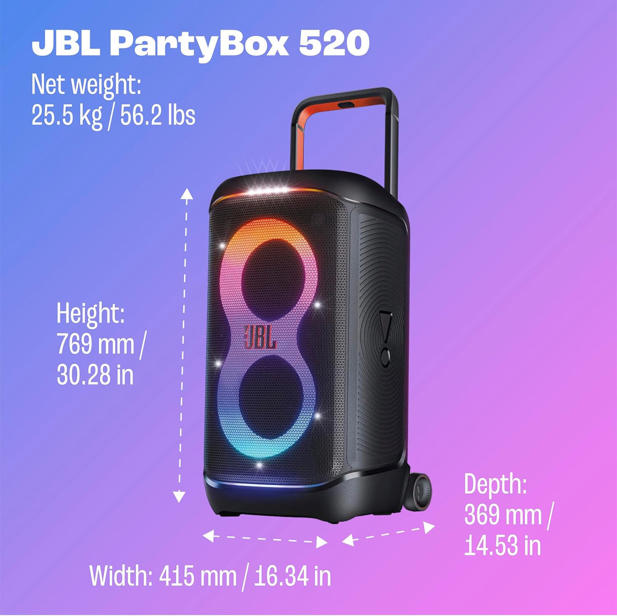 JBL PartyBox 520 - Portable Battery-Powered Party Speaker with AI Sound Boost, Up to 15 Hours of Play time, IPX4 Splash Proof, Multi-Speaker Connection by Auracast, and Telescopic Handle (Black)