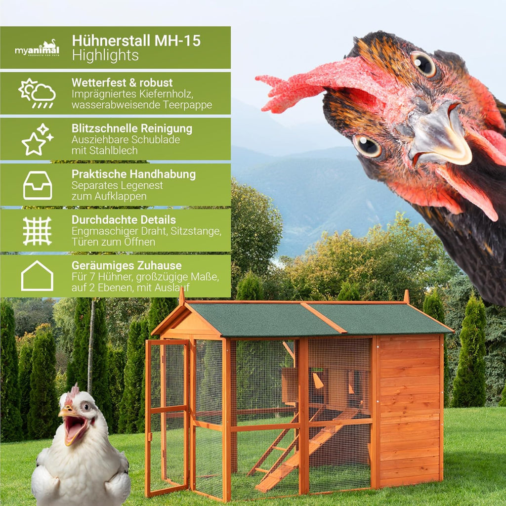 Miweba MyAnimal Hühnerstall MH-15 XXL | 186x146x147 cm - Für 7 Hühner - Nistkasten mit Freilaufgehege - Sitzstange - Winterfest - 2 Ebenen - Hühnerhaus mit Eiablage - Kiefernholz - Voliere (Braun)