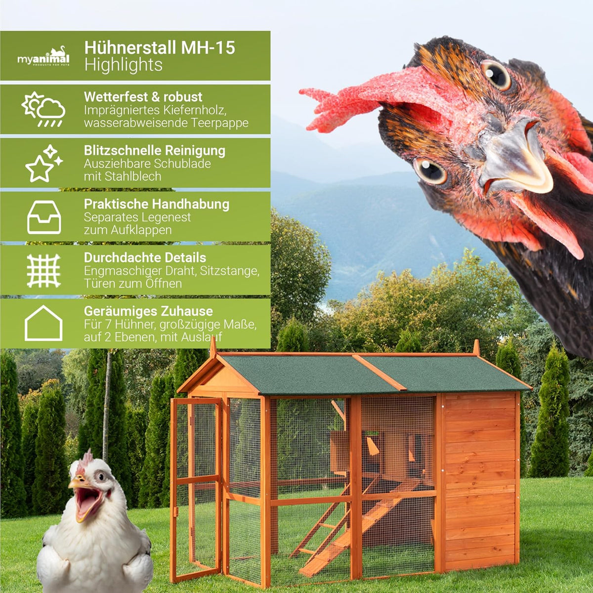 Miweba MyAnimal Hühnerstall MH-15 XXL | 186x146x147 cm - Für 7 Hühner - Nistkasten mit Freilaufgehege - Sitzstange - Winterfest - 2 Ebenen - Hühnerhaus mit Eiablage - Kiefernholz - Voliere (Braun)