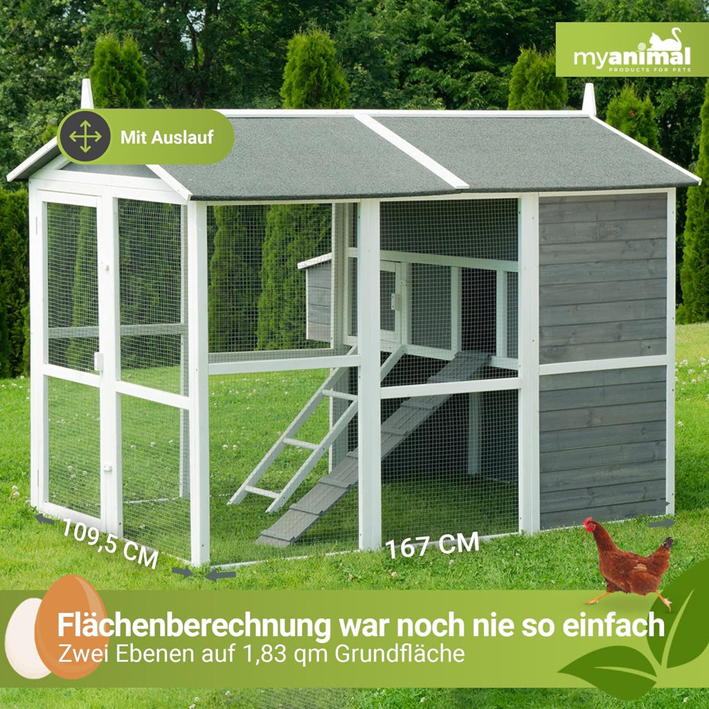 Miweba MyAnimal Hühnerstall MH-15 XXL | 186x146x147 cm - Für 7 Hühner - Nistkasten mit Freilaufgehege - Sitzstange - Winterfest - 2 Ebenen - Hühnerhaus mit Eiablage - Kiefernholz - Voliere (Grau/Weiß)