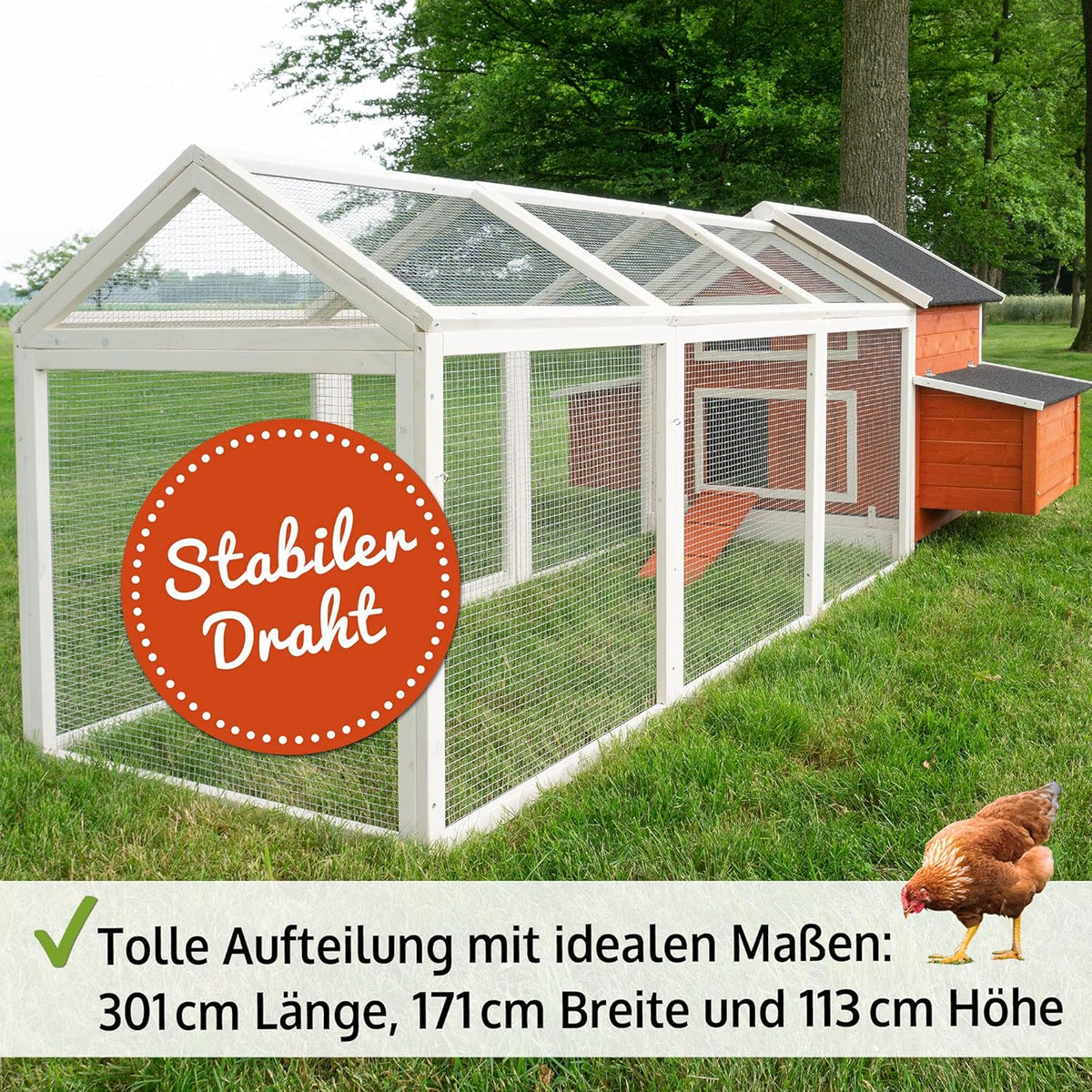 großer Hühnerstall - mit Regen und Sonnenschutz – Hühnerstall aus massivem Vollholz & stabilem Draht – schnell zu reinigen – witterungsbeständig dank hochwertiger Lasur –mit oder ohne Voliere