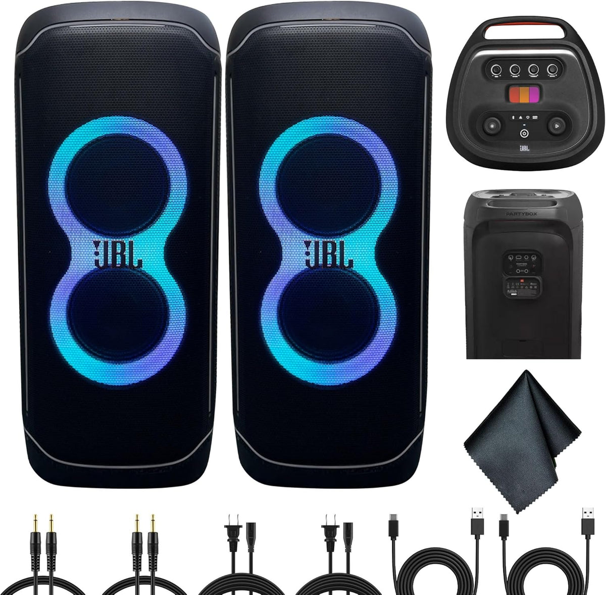 JBL 2 x PartyBox Ultimate 1100W Portable Speaker - Wi-fi & Bluetooth Connectivity Splashproof, Powerful Sound and Exciting Light Show (JBLPARTYBOXULTAM) + Cleaning Cloth + More