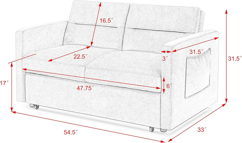 Merax 54.5'' Modern Convertible Sleeper Sofa Bed with Two Side Pockets, Velvet Sofa w/Pull-Out Bed Loveseat Sofa Couch and Adjsutable Back for Living Room (Beige)