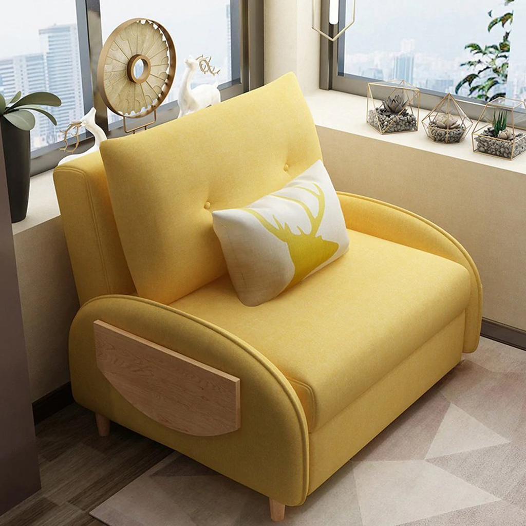 Single Sofa Bed,Folding Fabric Lazy Sofa, Soft And Comfortable Single Recliner Can Stored, 3 Levels of Backrest Angle Adjustment, Suitable for Living Room, Office, Bedroom Sofa,Yellow,1.2M