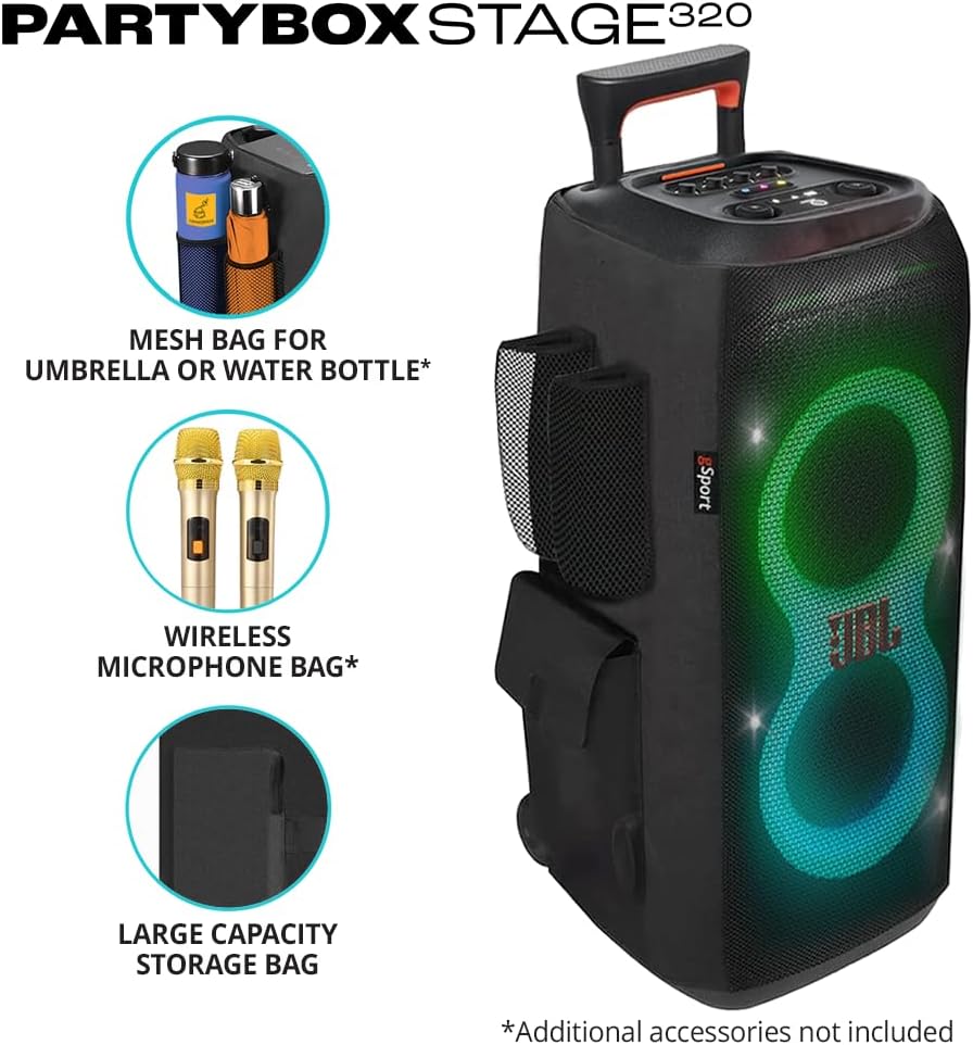 JBL PartyBox Stage 320 Portable Party Speaker with Wireless Two Microphone System (Black)