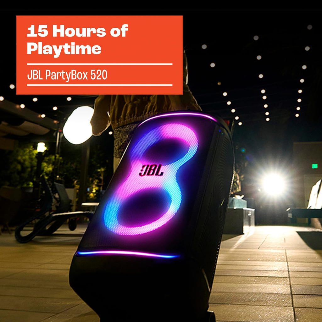 JBL PartyBox 520 - Portable Battery-Powered Party Speaker with AI Sound Boost, Up to 15 Hours of Play time, IPX4 Splash Proof, Multi-Speaker Connection by Auracast, and Telescopic Handle (Black)