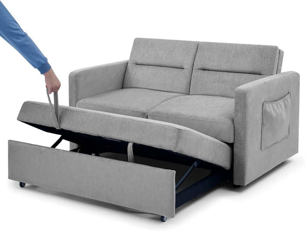 Merax 54.5'' Modern Convertible Sleeper Sofa Bed with Two Side Pockets, Velvet Sofa w/Pull-Out Bed Loveseat Sofa Couch and Adjsutable Back for Living Room (Beige)