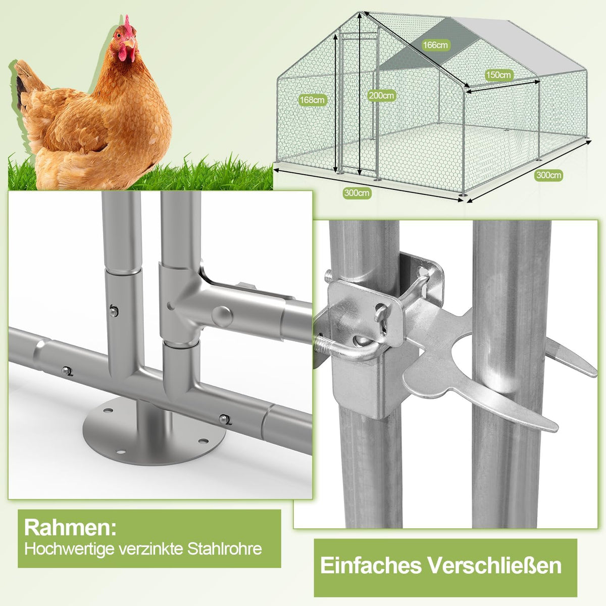 Sonnewelt Freilaufgehege 3x3x2m Hühnerstall Verzinkter Stahl Kleintierstall Hühnerhaus Dach Geflügelstall mit Sonnenschutzdach und Tür für Haustierkäfig Hühnerkäfig Vogelkäfig Kleintiere Pflanzen