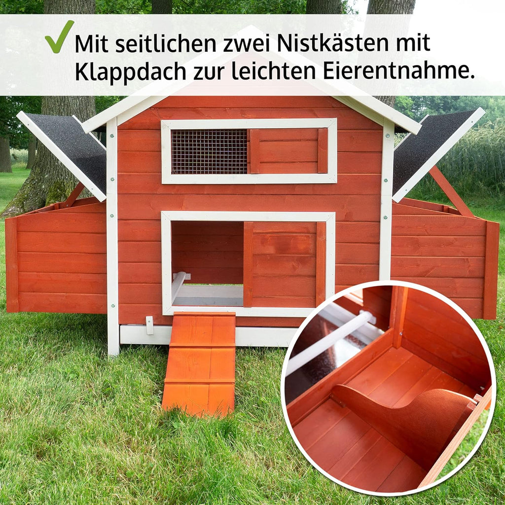 großer Hühnerstall - mit Regen und Sonnenschutz – Hühnerstall aus massivem Vollholz & stabilem Draht – schnell zu reinigen – witterungsbeständig dank hochwertiger Lasur –mit oder ohne Voliere