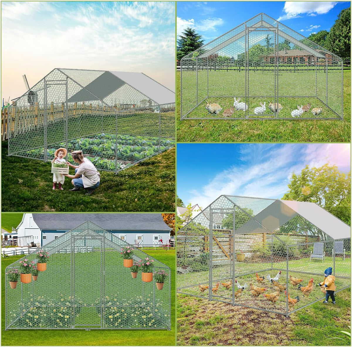 Sonnewelt Freilaufgehege 3x3x2m Hühnerstall Verzinkter Stahl Kleintierstall Hühnerhaus Dach Geflügelstall mit Sonnenschutzdach und Tür für Haustierkäfig Hühnerkäfig Vogelkäfig Kleintiere Pflanzen