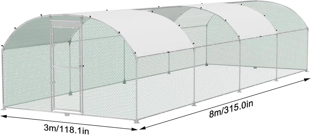 Hühnerstall 3x8m Metall Freilaufgehege Freigehege, Geflügelstall Kleintiere, Verzinkter Stahlrahmen mit PE Dach, Bogenaufsatz