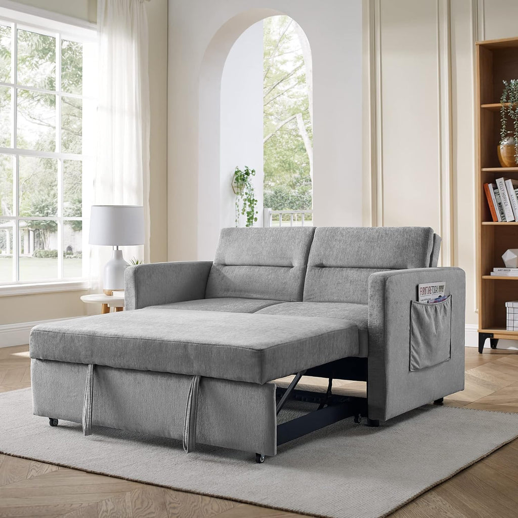 Merax 54.5'' Modern Convertible Sleeper Sofa Bed with Two Side Pockets, Velvet Sofa w/Pull-Out Bed Loveseat Sofa Couch and Adjsutable Back for Living Room (Beige)