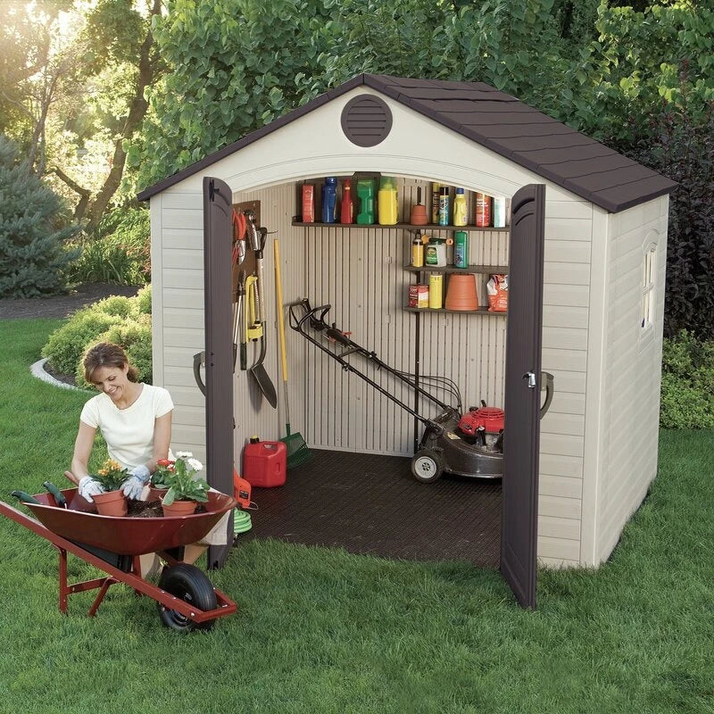 8' wide x 7' 4" deep plastic storage shed