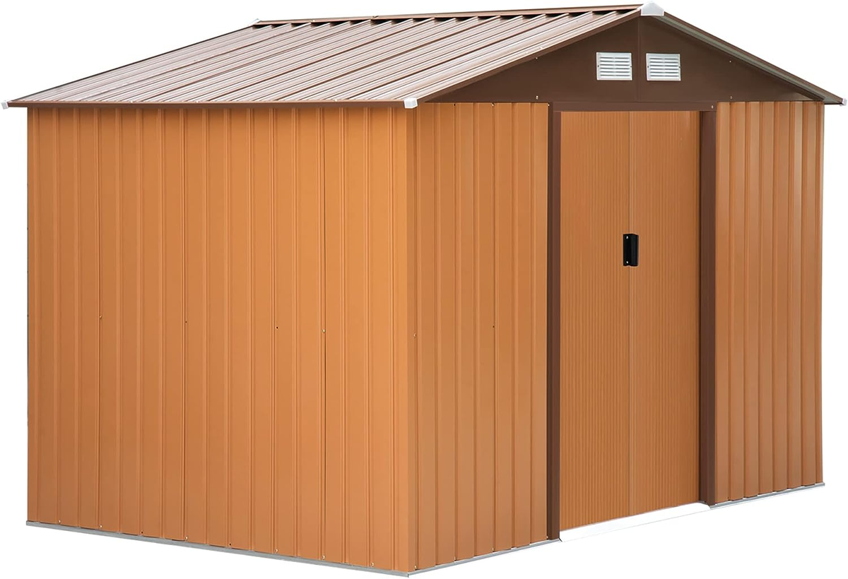Outsunny 9 x 6ft Garden Metal Storage Shed, Outdoor Storage Tool House with Ventilation Slots, Floor Foundation and Lockable Double Doors, Light Green