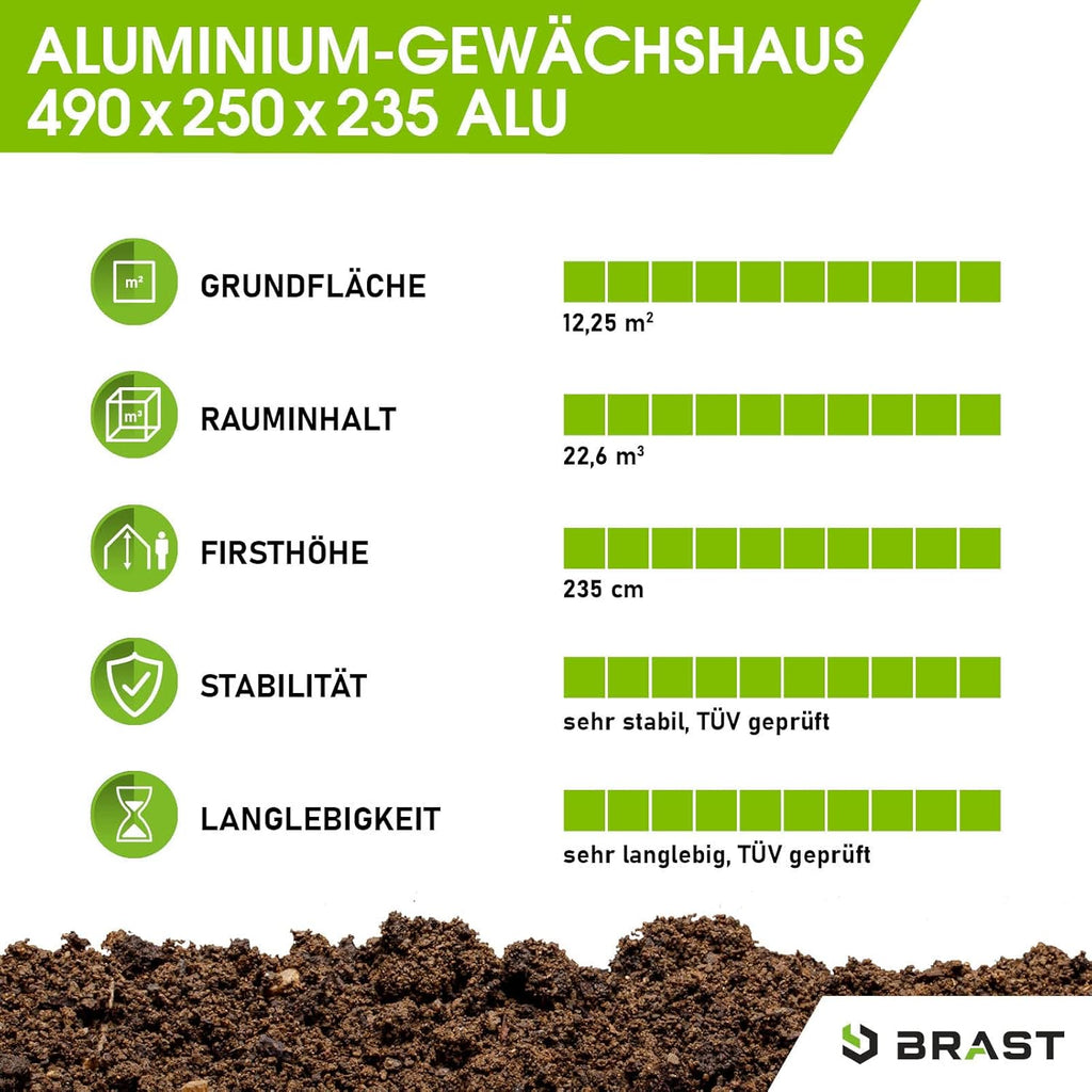 BRAST Aluminium Greenhouse with Base 490 x 250 x 235 cm, TÜV Tested, 6 mm Hollow Chamber Panels, Rustproof/Weatherproof/Temperature-Resistant