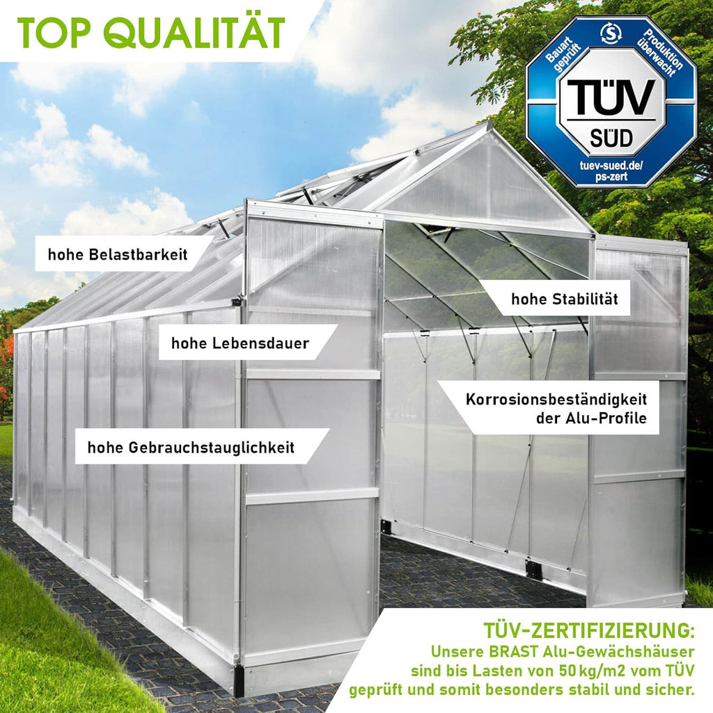 BRAST Aluminium Greenhouse with Base 490 x 250 x 235 cm, TÜV Tested, 6 mm Hollow Chamber Panels, Rustproof/Weatherproof/Temperature-Resistant